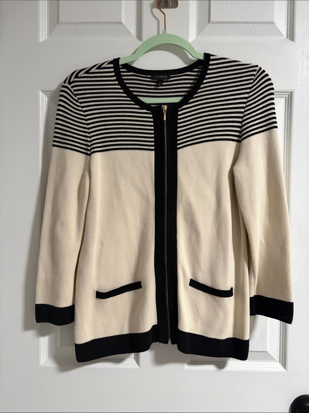 Talbots Heavy Cream and Black Striped Zip Cardigan